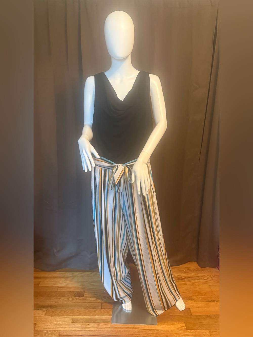Emma & Michele Sleeveless V-Neck Wide-Leg Jumpsuit 2X Black Multi Stripe